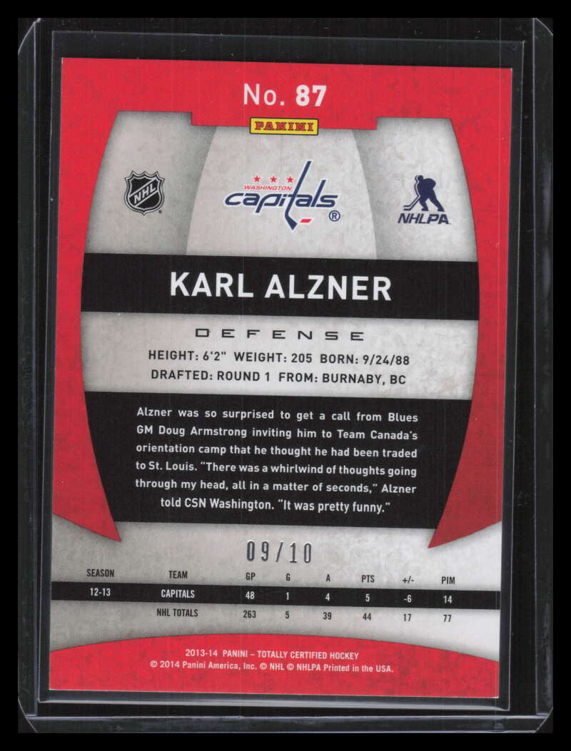 2013-14 Totally Certified Mirror Platinum Blue 87 Karl Alzner 9/10