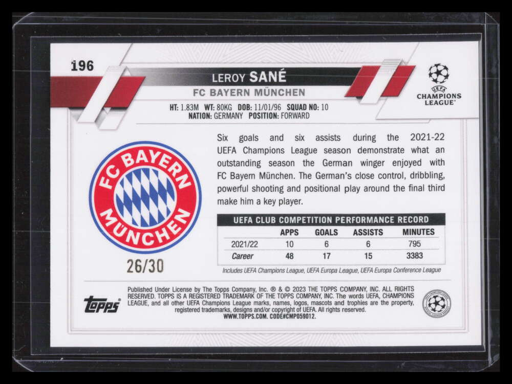 2022-23 Topps UEFA Club Competitions 1st Edition Purple Foil Leroy Sane 26/30
