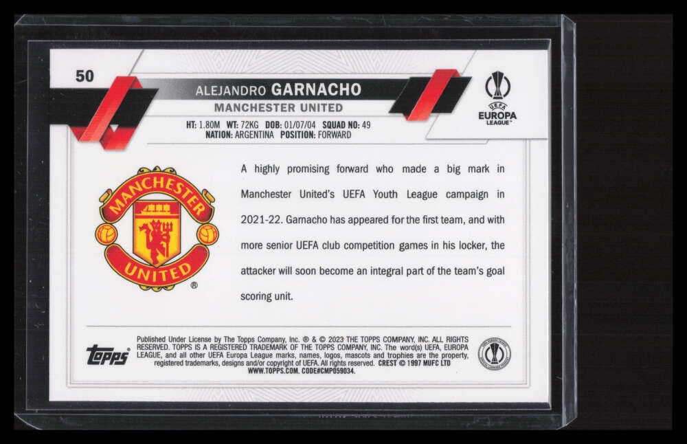 2022-23 Topps UEFA Club Competitions Pink Sparkle 50 Alejandro Garnacho Rookie