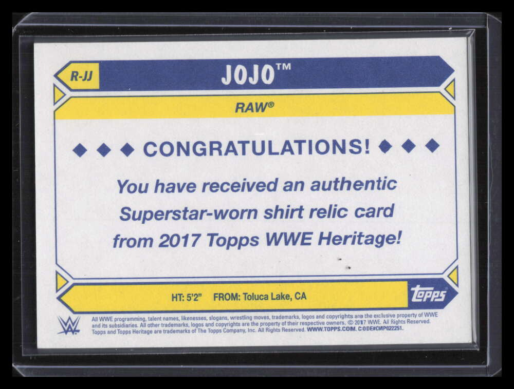 2017 Topps Heritage WWE Shirt Relics Silver RJJ JoJo Superstar Shirt Relic 21/25