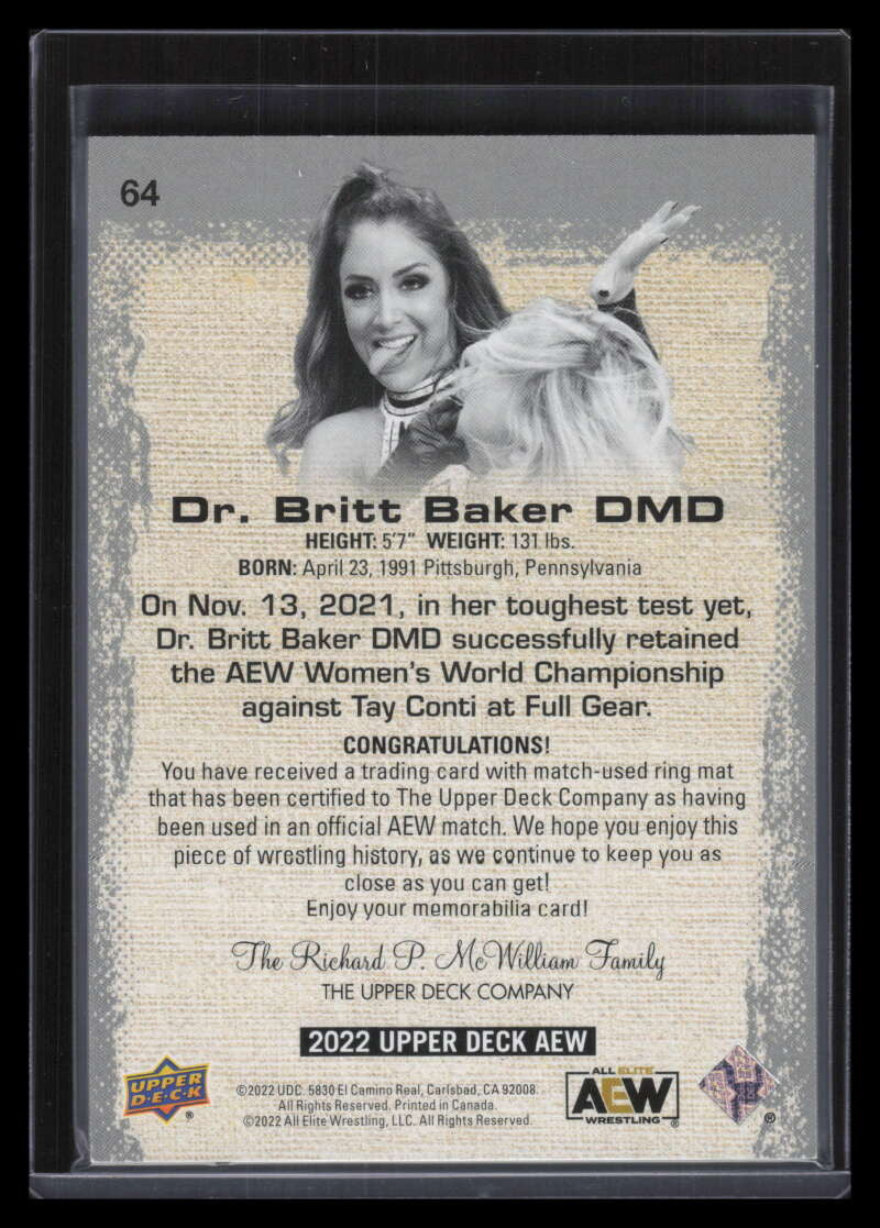 2022 Upper Deck AEW Mat Relics Gold 64 Dr. Britt Baker Mat