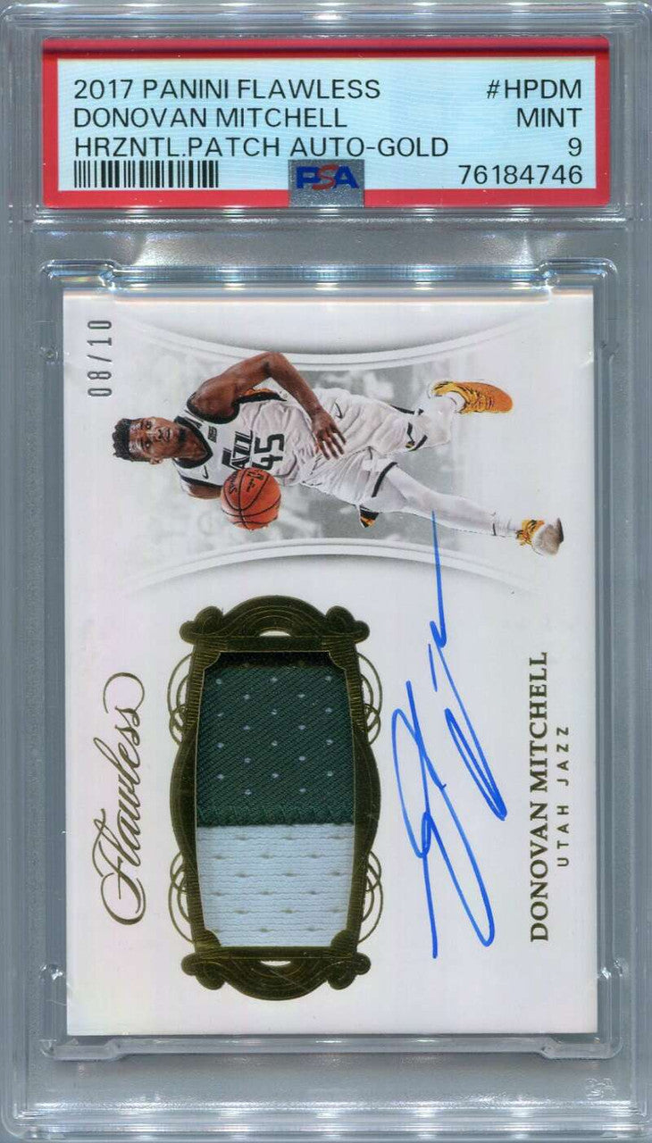 2017-18 Flawless Autographs Gold Donovan Mitchell Rookie Patch Auto 8/10 PSA 9