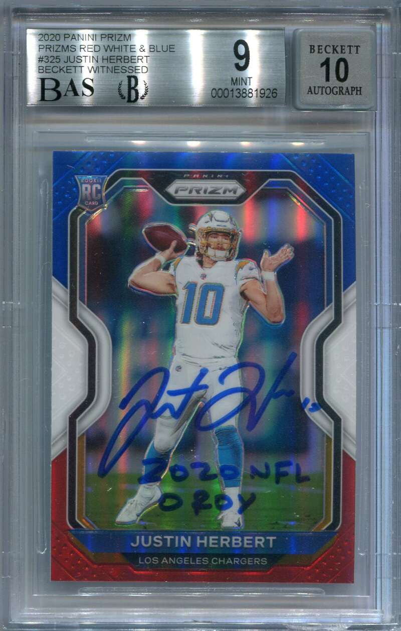 2020 Panini Prizm Red White Blue 325 Justin Herbert Rookie BAS 9 MINT 10 Auto