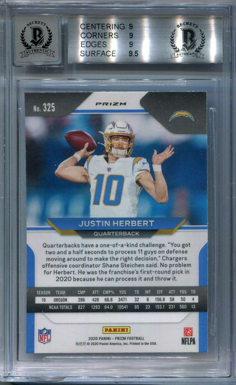 2020 Panini Prizm Red White Blue 325 Justin Herbert Rookie BAS 9 MINT 10 Auto