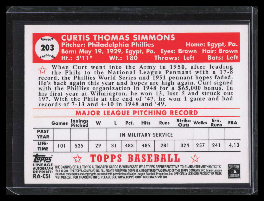 2011 Topps Lineage Autographs CSI Curt Simmons Auto 1952