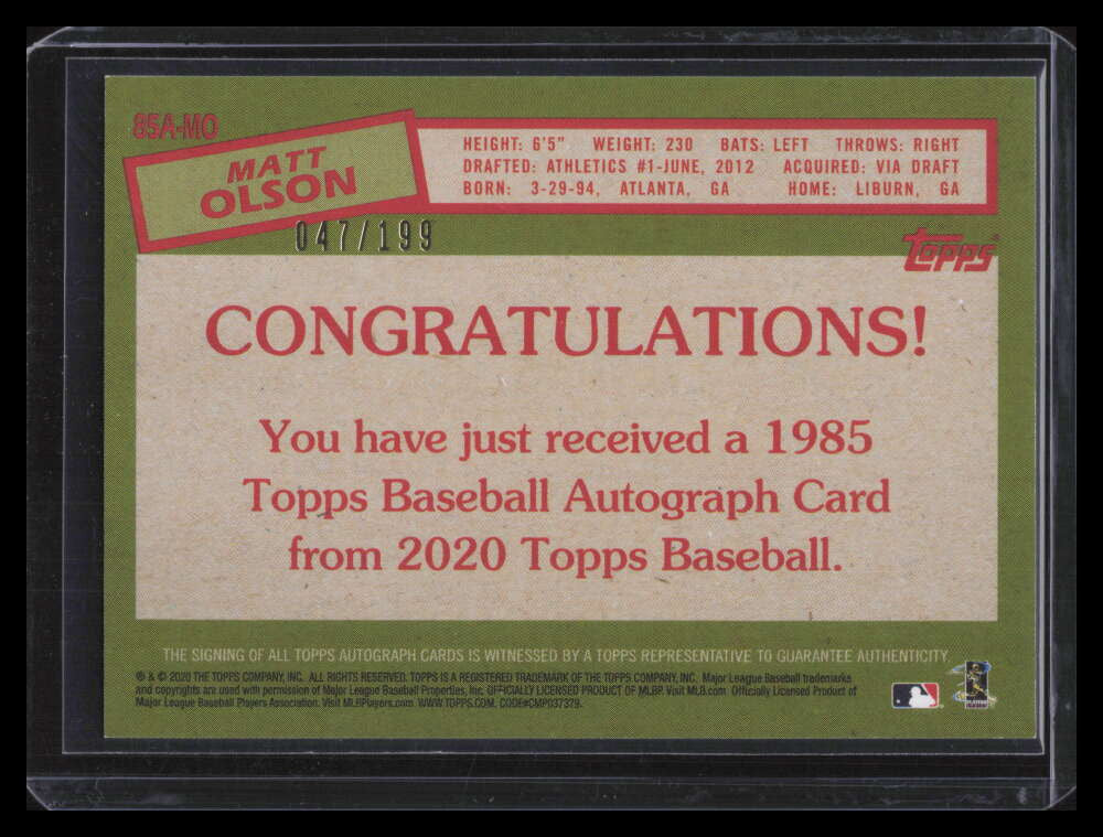 SOLD 136508 2020 Topps Update '85 Topps Autographs Black 85amo Matt Olson Auto 47/199