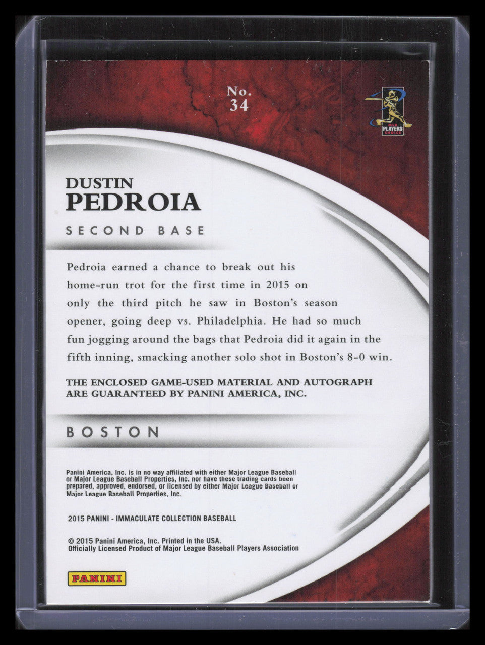 SOLD 136518 2015 Immaculate Collection Autograph Materials Dustin Pedroia Jersey Auto 10/20