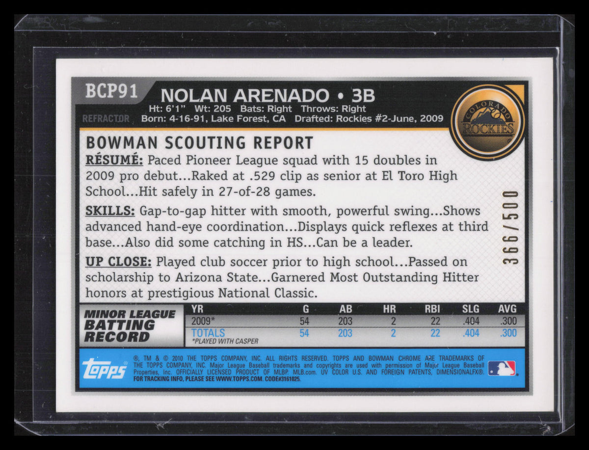 2010 Bowman Chrome Prospects Refractor bcp91b Nolan Arenado Rookie Auto 366/500