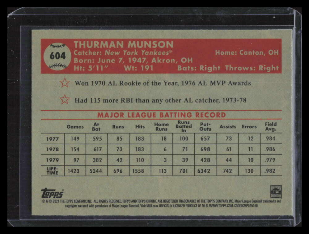 2021 Topps Chrome Platinum Anniversary Aqua Wave Refractor 604 Thurman Munson