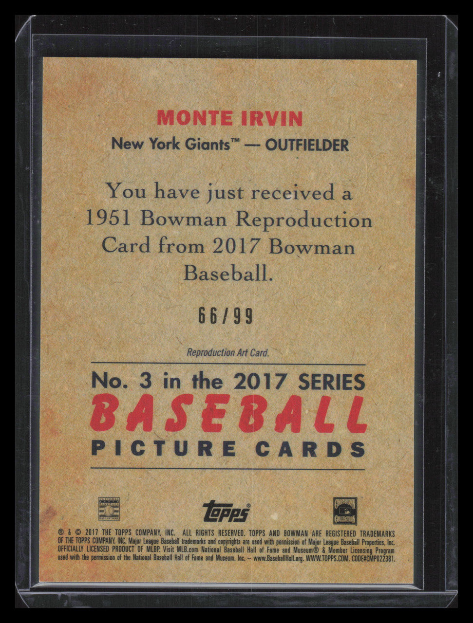 2017 Bowman Chrome '51 Bowman Green Refractor 3 Monte Irvin 66/99
