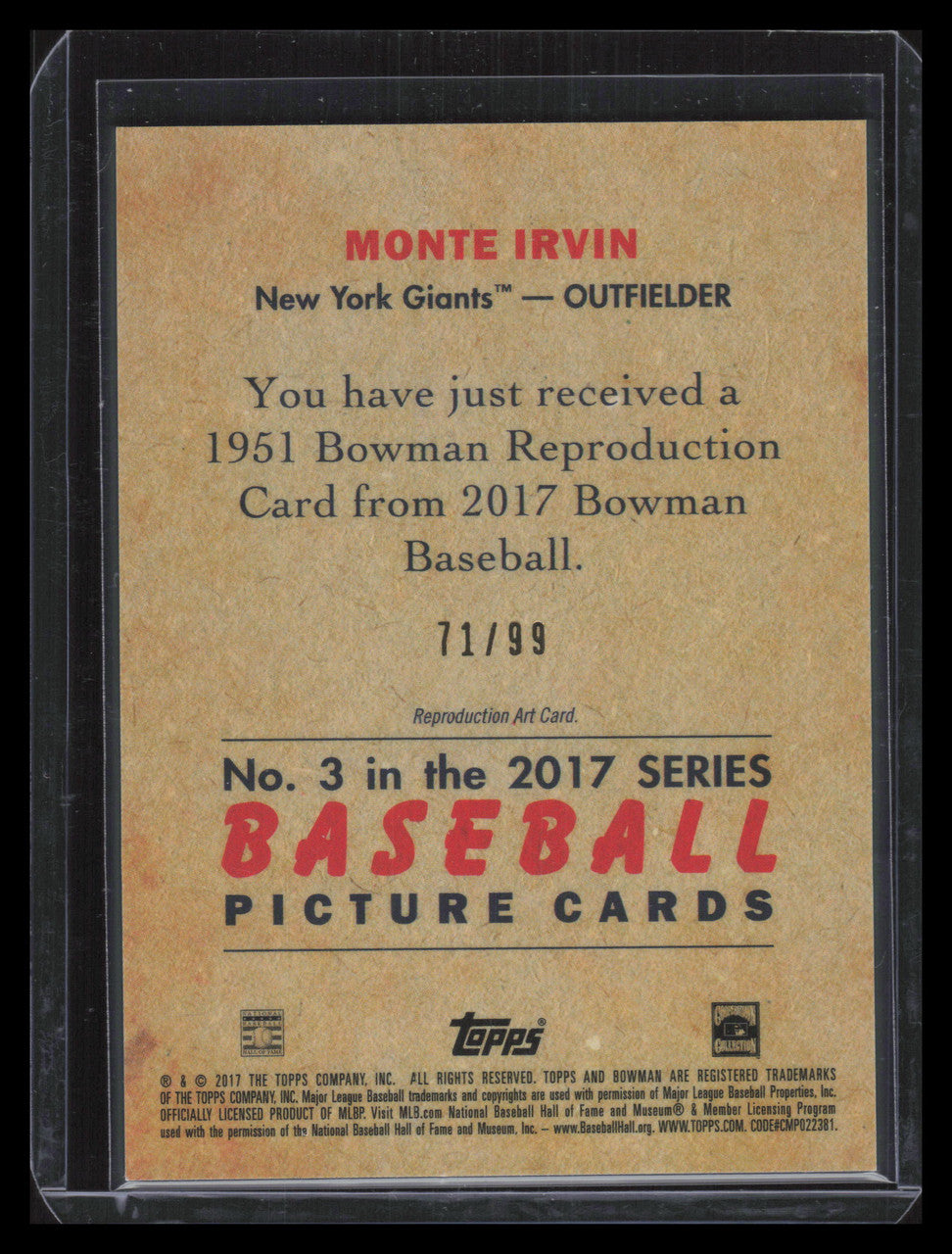 2017 Bowman Chrome '51 Bowman Green Refractor 3 Monte Irvin 71/99