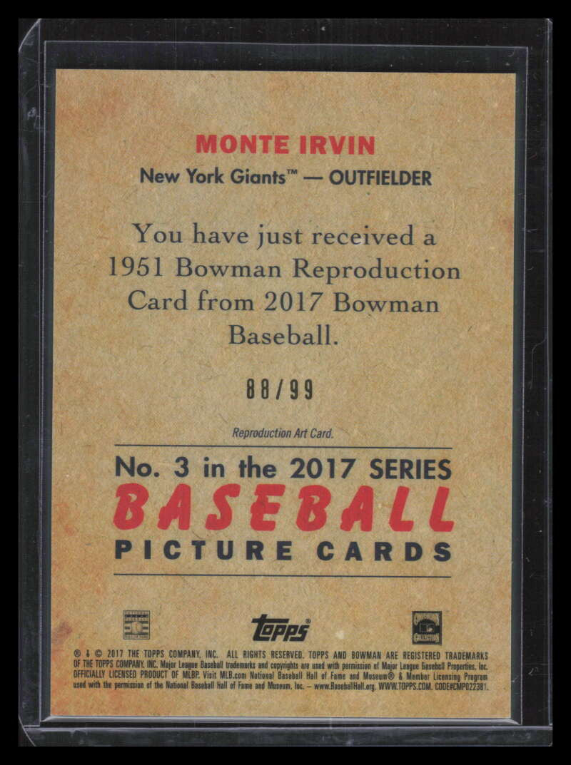 2017 Bowman Chrome '51 Bowman Green Refractor 3 Monte Irvin 88/99