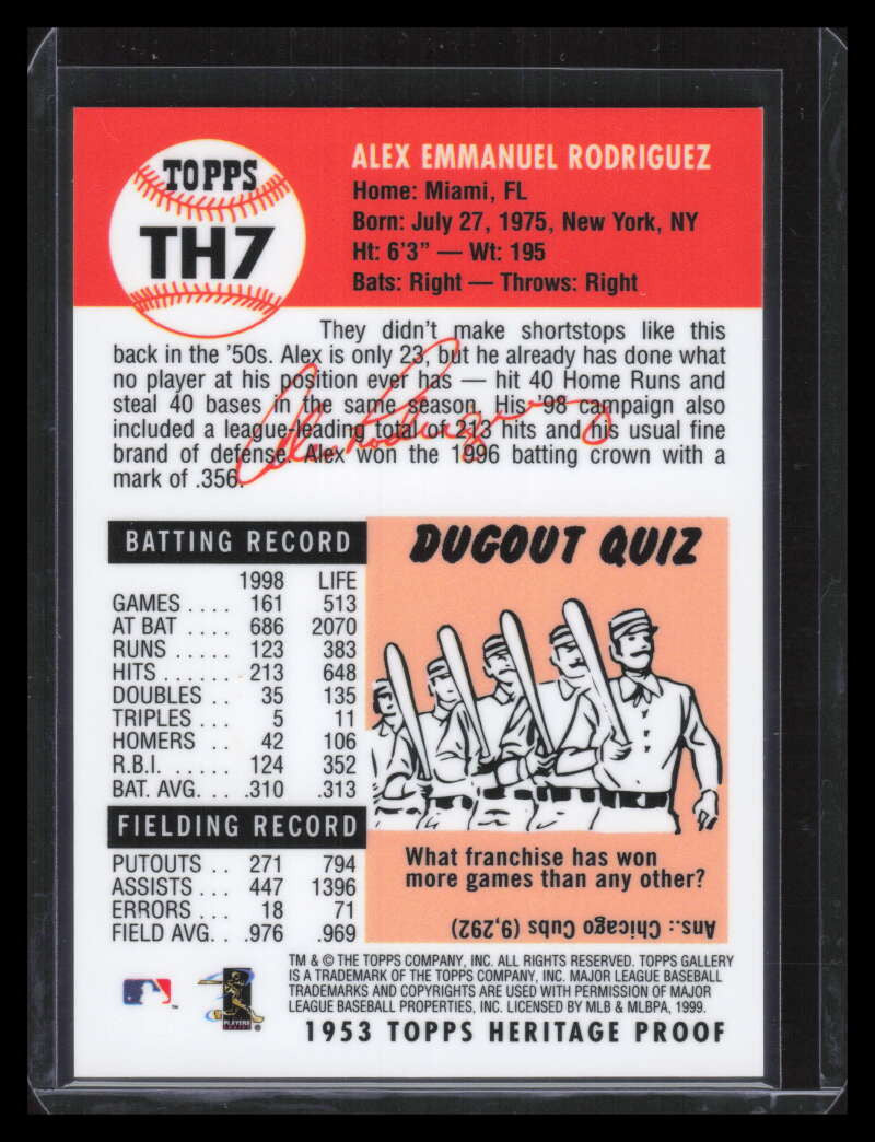 1999 Topps Gallery Heritage Proofs th7 Alex Rodriguez
