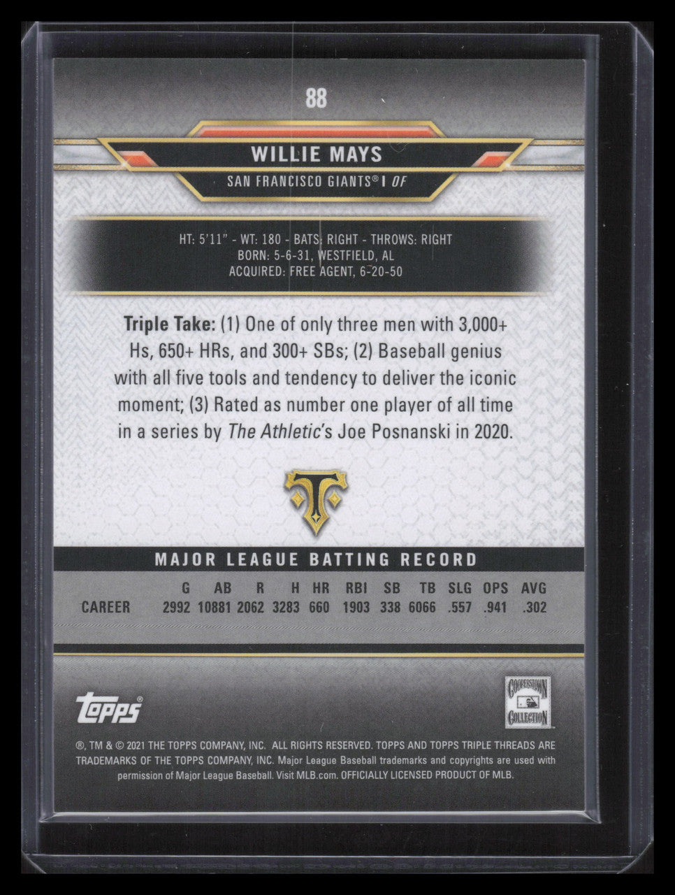 2021 Topps Triple Threads Gold 88 Willie Mays 66/99