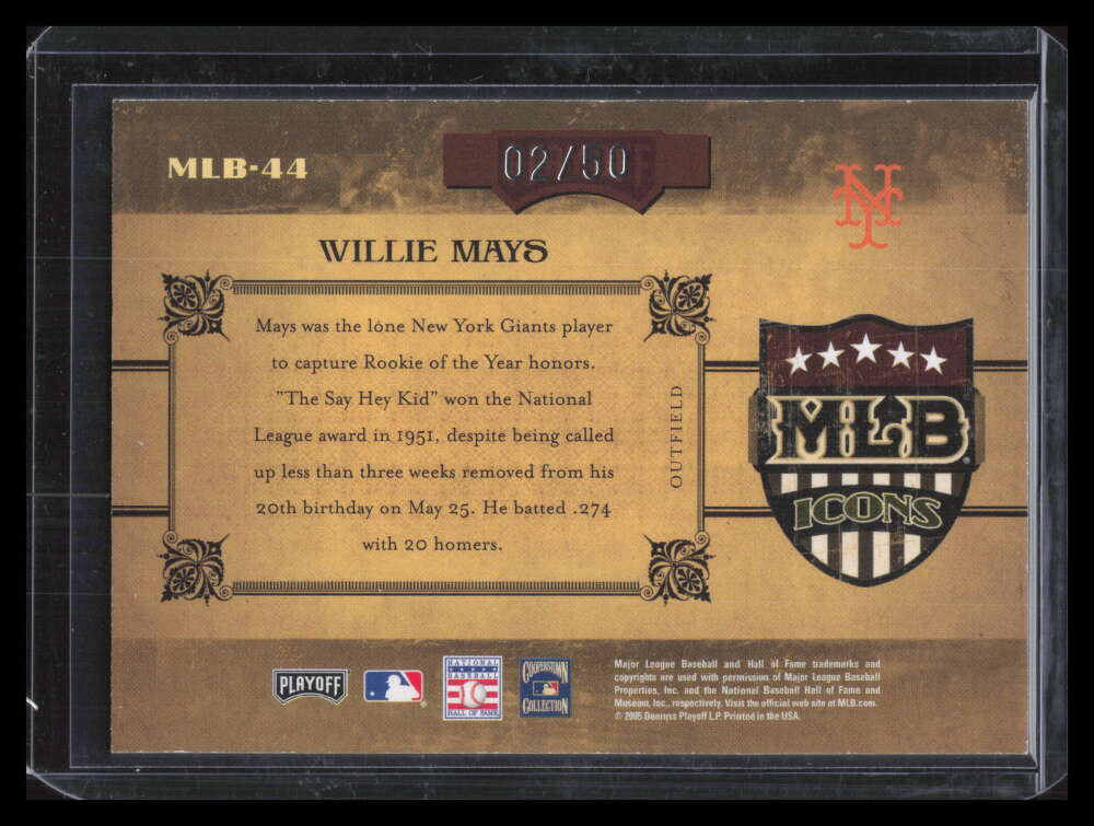 2005 Prime Cuts MLB Icons Century Silver mlb44 Willie Mays 2/50
