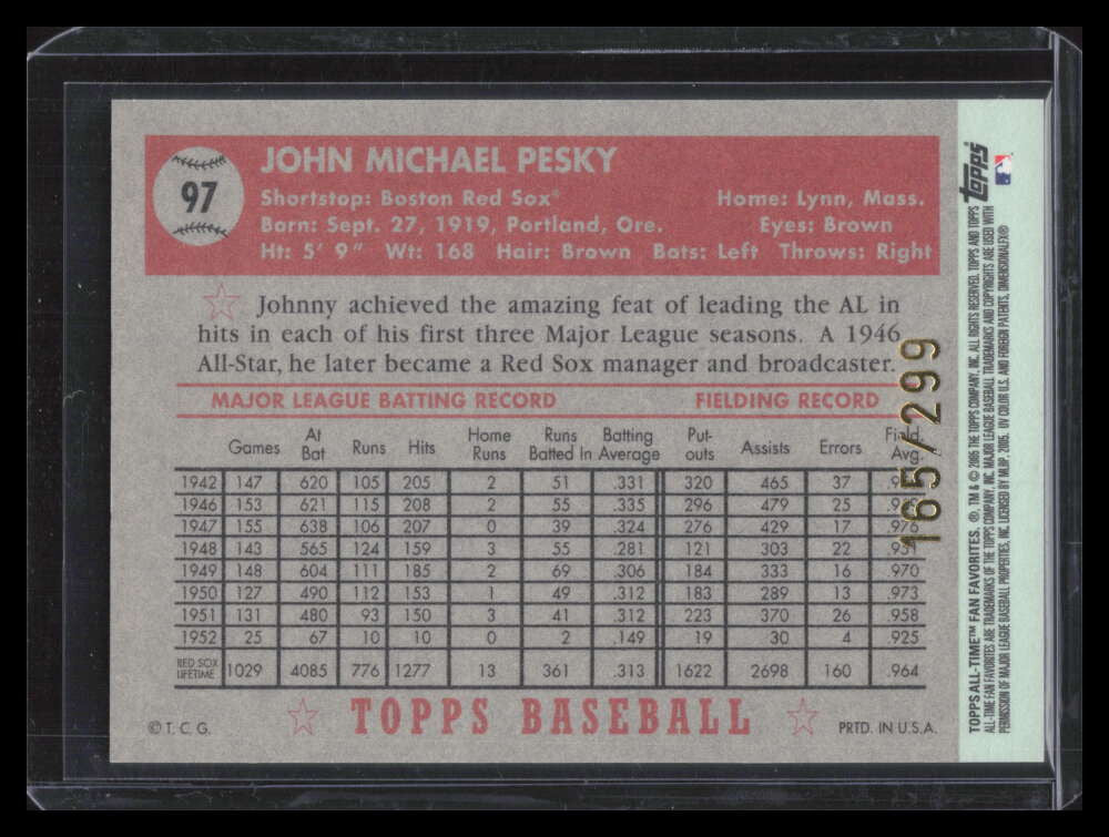 SOLD 136714 2005 Topps All-Time Fan Favorites Refractor 97 Johnny Pesky 165/299