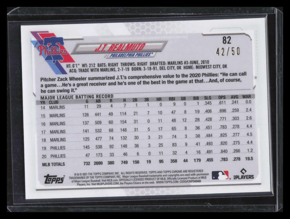 2021 Topps Chrome Ben Baller Gold Refractor 82 J. T. Realmuto 42/50