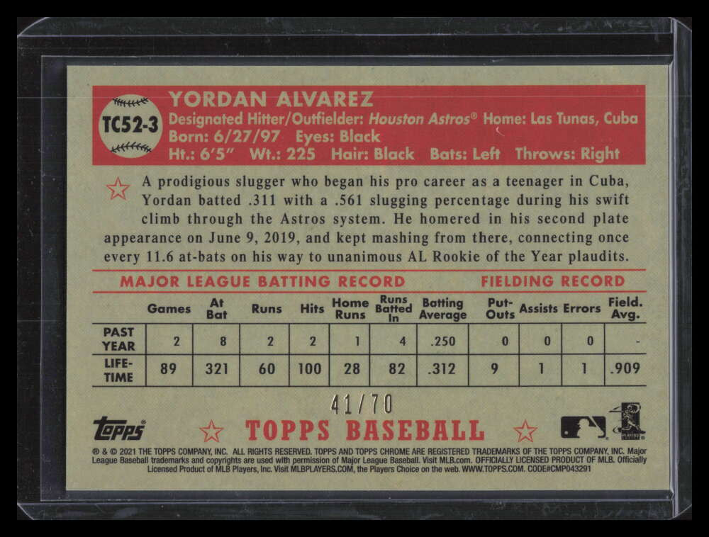 SOLD 136734 2021 Topps '52 Topps Redux Chrome Red Refractor tc523 Yordan Alvarez 41/70