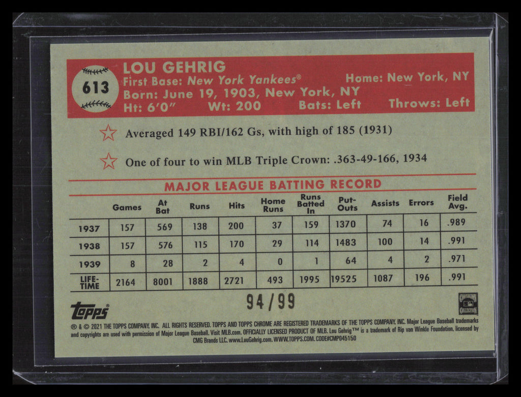 SOLD 136755 2021 Topps Chrome Platinum Green and Yellow 70th Refractor 613 Lou Gehrig 94/99