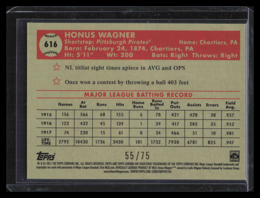 2021 Topps Chrome Platinum Rose Gold Mini Diamond Refractor Honus Wagner 55/75