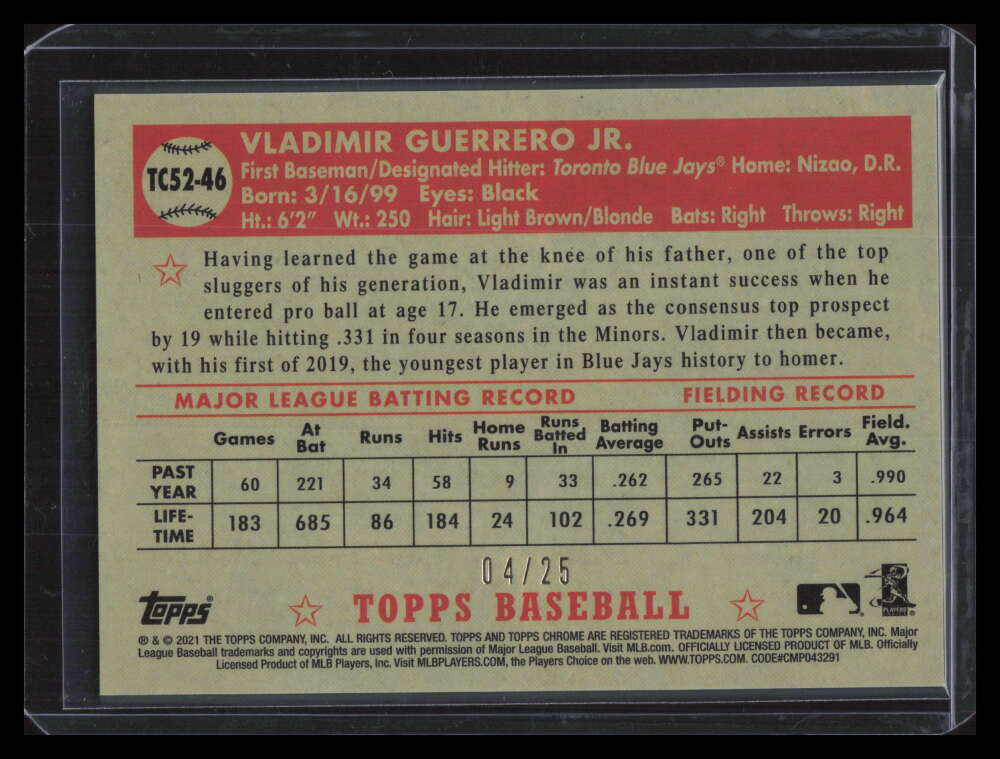 2021 Topps '52 Redux Chrome Black Refractor tc5246 Vladimir Guerrero Jr. 4/25