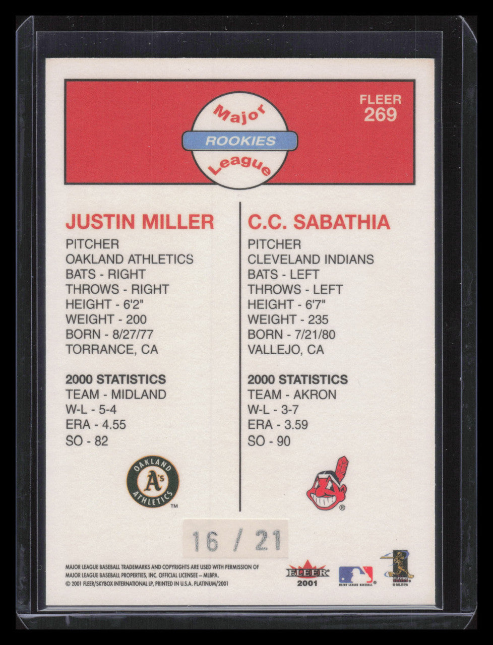2001 Fleer Platinum Parallel 269 Justin Miller C. C. Sabathia 16/21