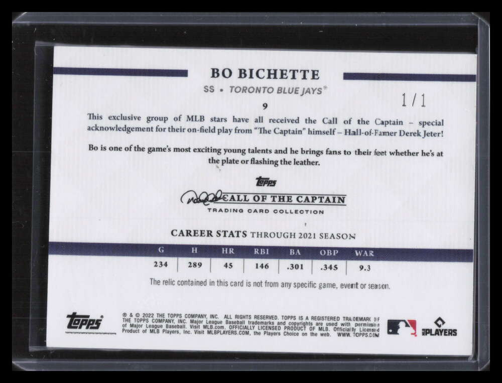 2022 Topps X Derek Jeter Call of the Captain Relics Gold 9 Bo Bichette Patch 1/1