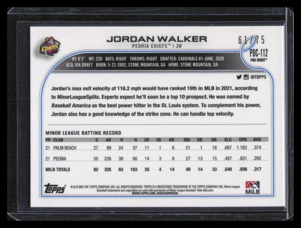 SOLD 136839 2022 Topps Pro Debut Chrome Aqua Refractor pdc112 Jordan Walker Rookie 61/75
