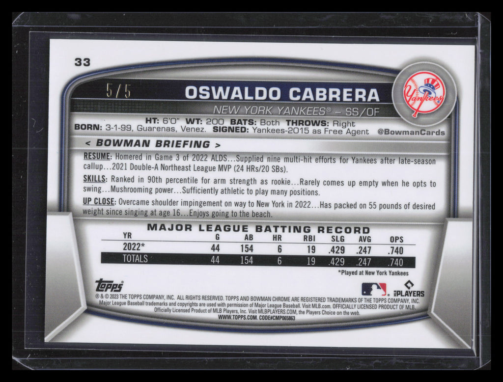 2023 Bowman Chrome Red Refractor 33 Oswaldo Cabrera Rookie 5/5