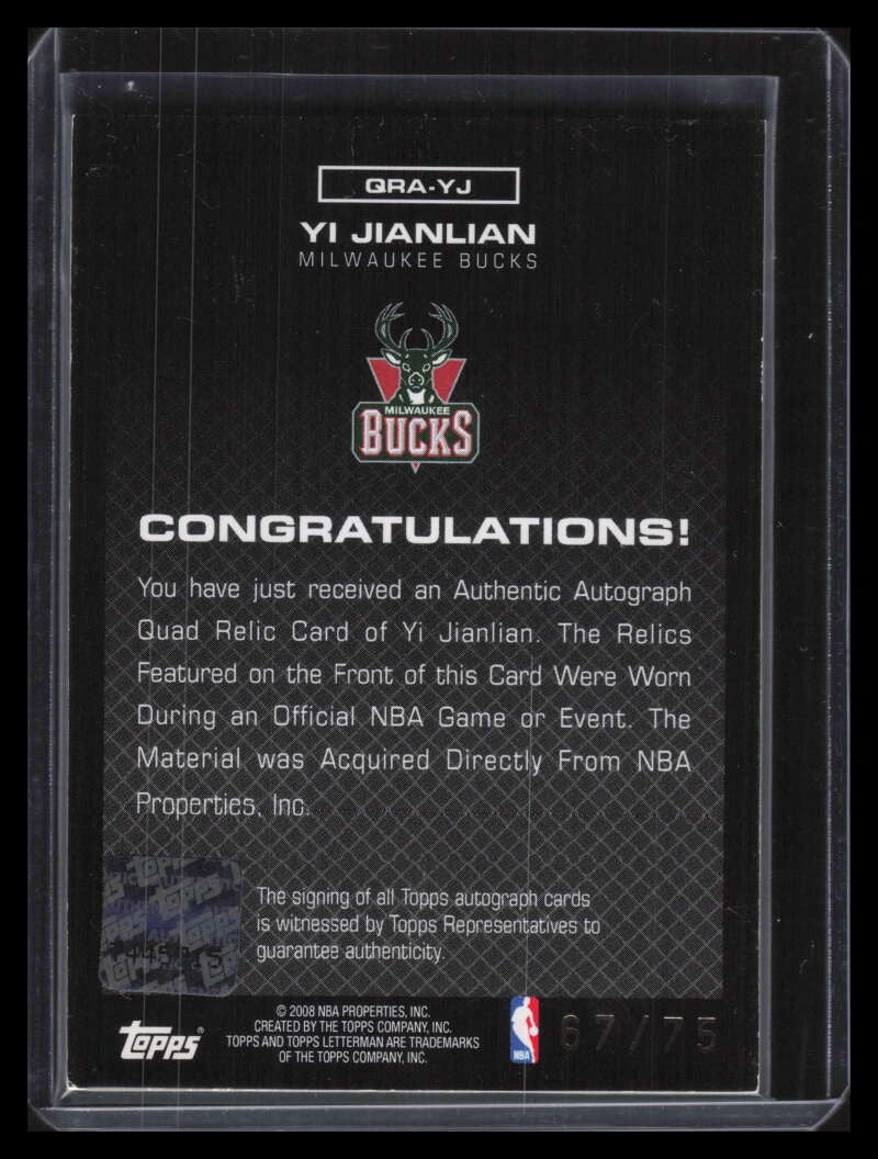 2007-08 Topps Letterman Autographs YJ Yi Jianlian Rookie Quad Jersey Auto 67/75