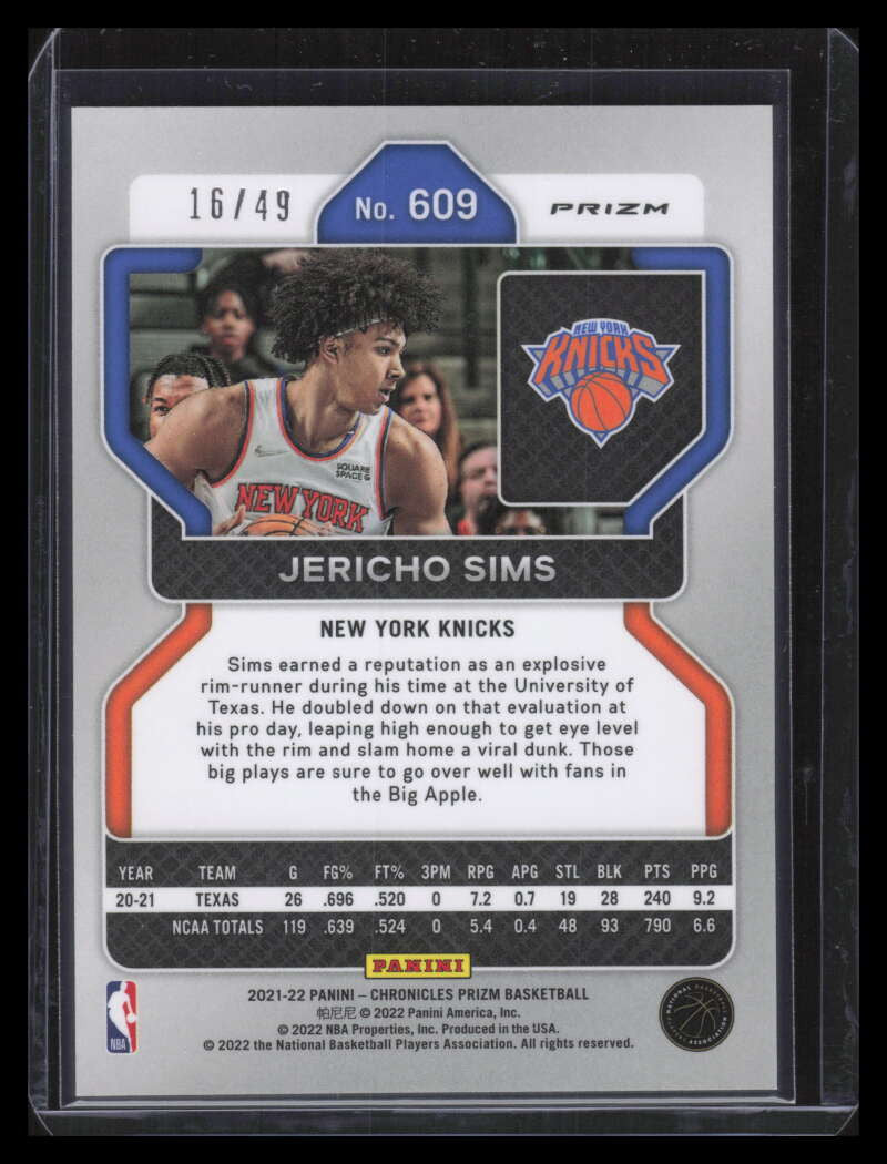 DELETE 136930 2021-22 Panini Chronicles Purple 609 Jericho Sims Prizm Update Rookie 16/49