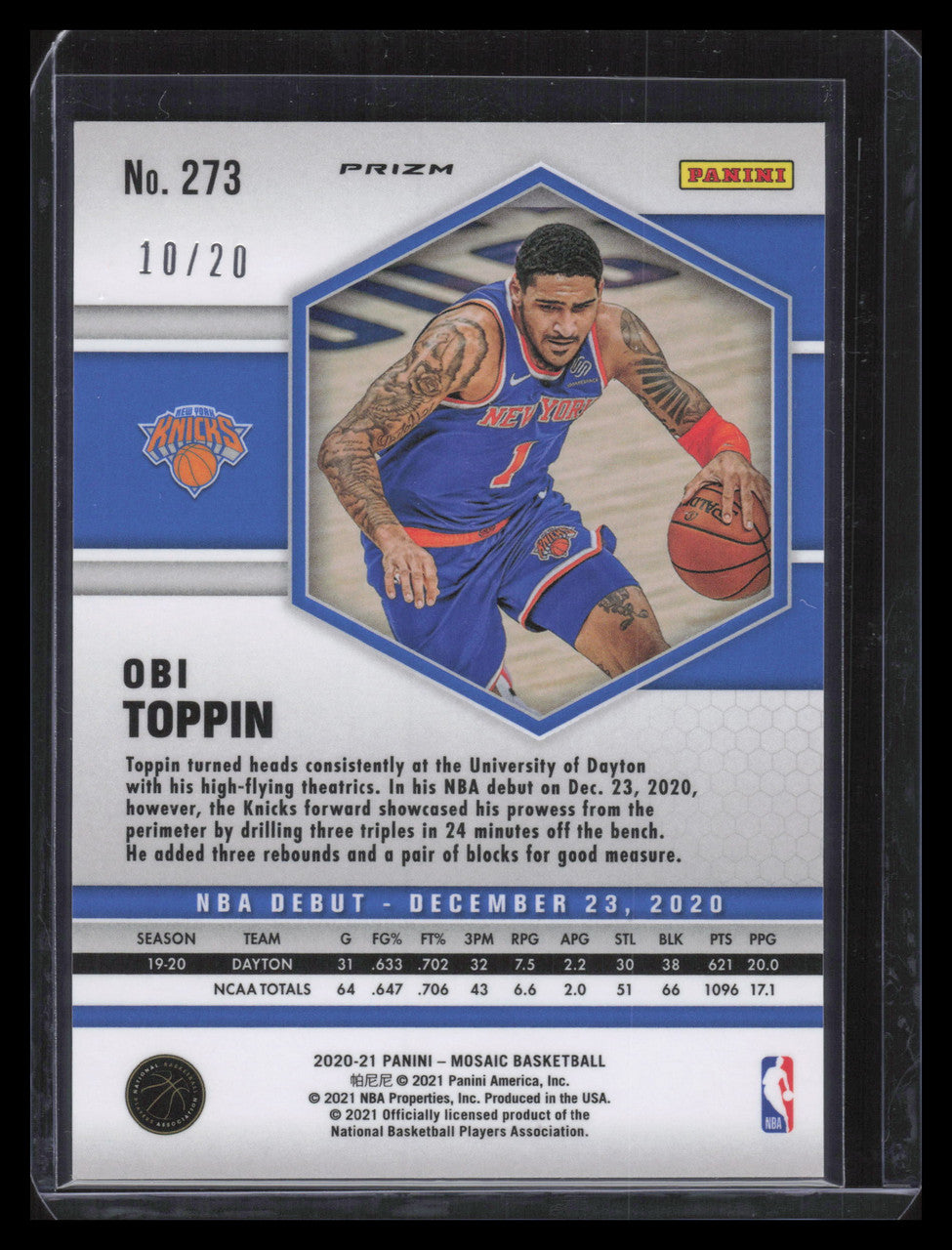 DELETE 136936 2020-21 Panini Mosaic Fast Break Pink Refractor 273 Obi Toppin Rookie 10/20