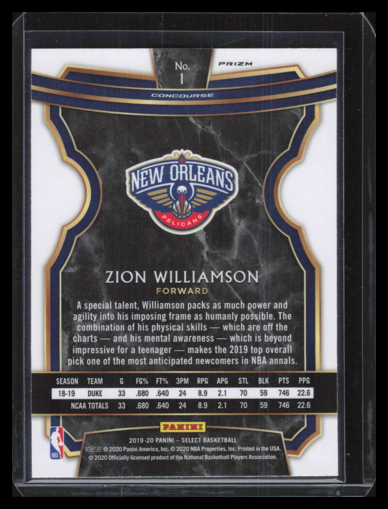 DELETE 136939 2019-20 Select Prizms Silver Refractor 1 Zion Williamson Rookie Concourse