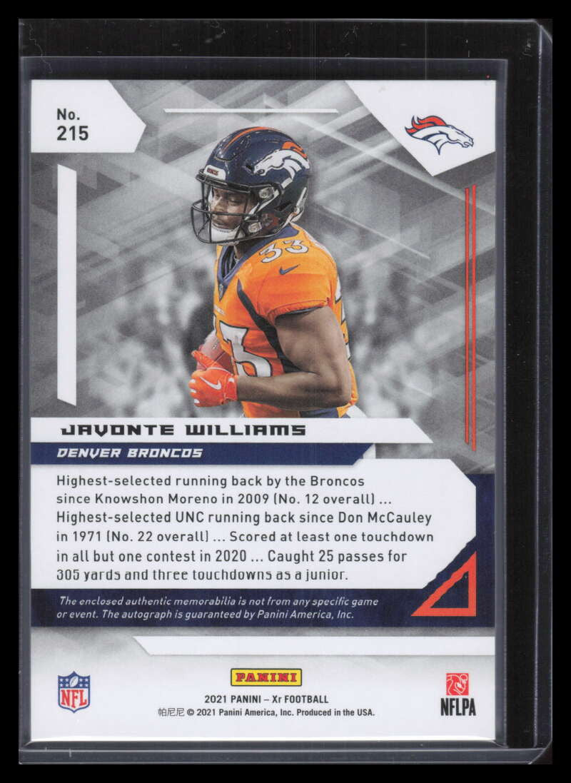 2021 Panini XR Red 215 Javonte Williams Rookie Triple Jersey Auto 45/75
