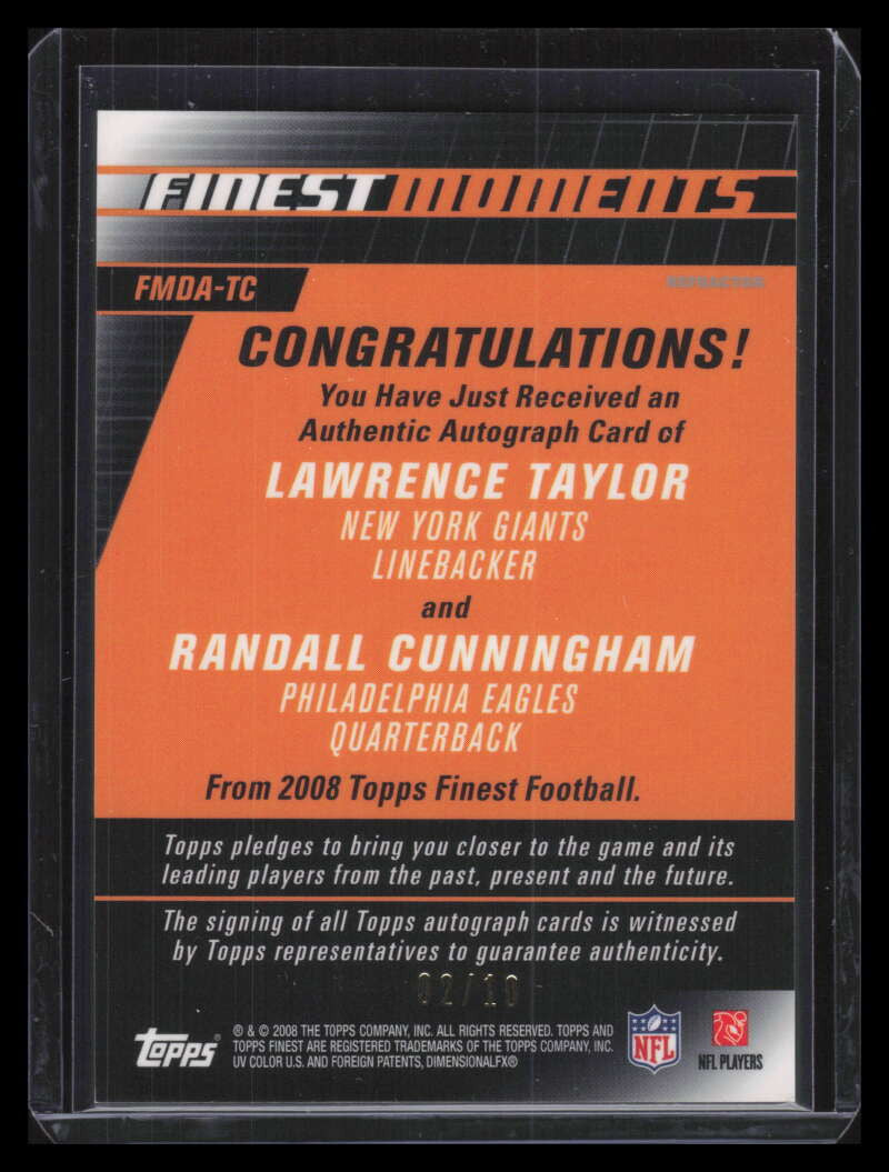 2008 Finest Moments Autographs Lawrence Taylor Randall Cunningham Dual Auto 2/10