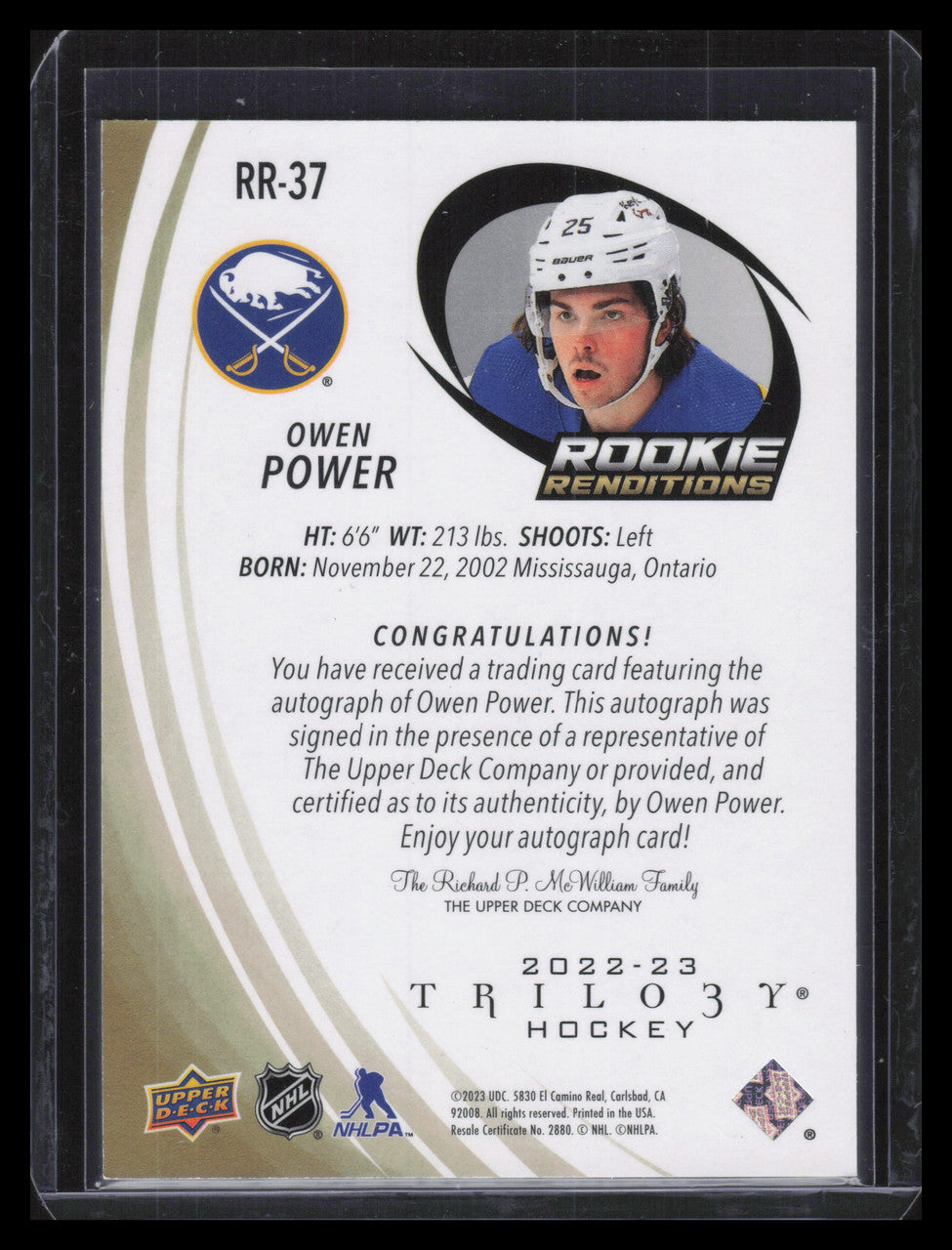 2022-23 Upper Deck Trilogy Rookie Renditions Autograph Gold Owen Power Auto 2/15