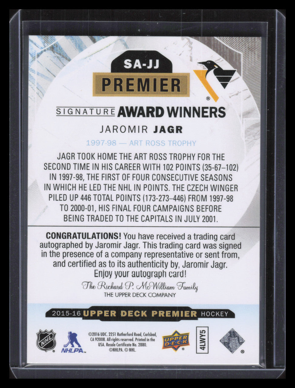 2015-16 Upper Deck Premier Signature Award Winners SAJJ Jaromir Jagr Auto 28/49