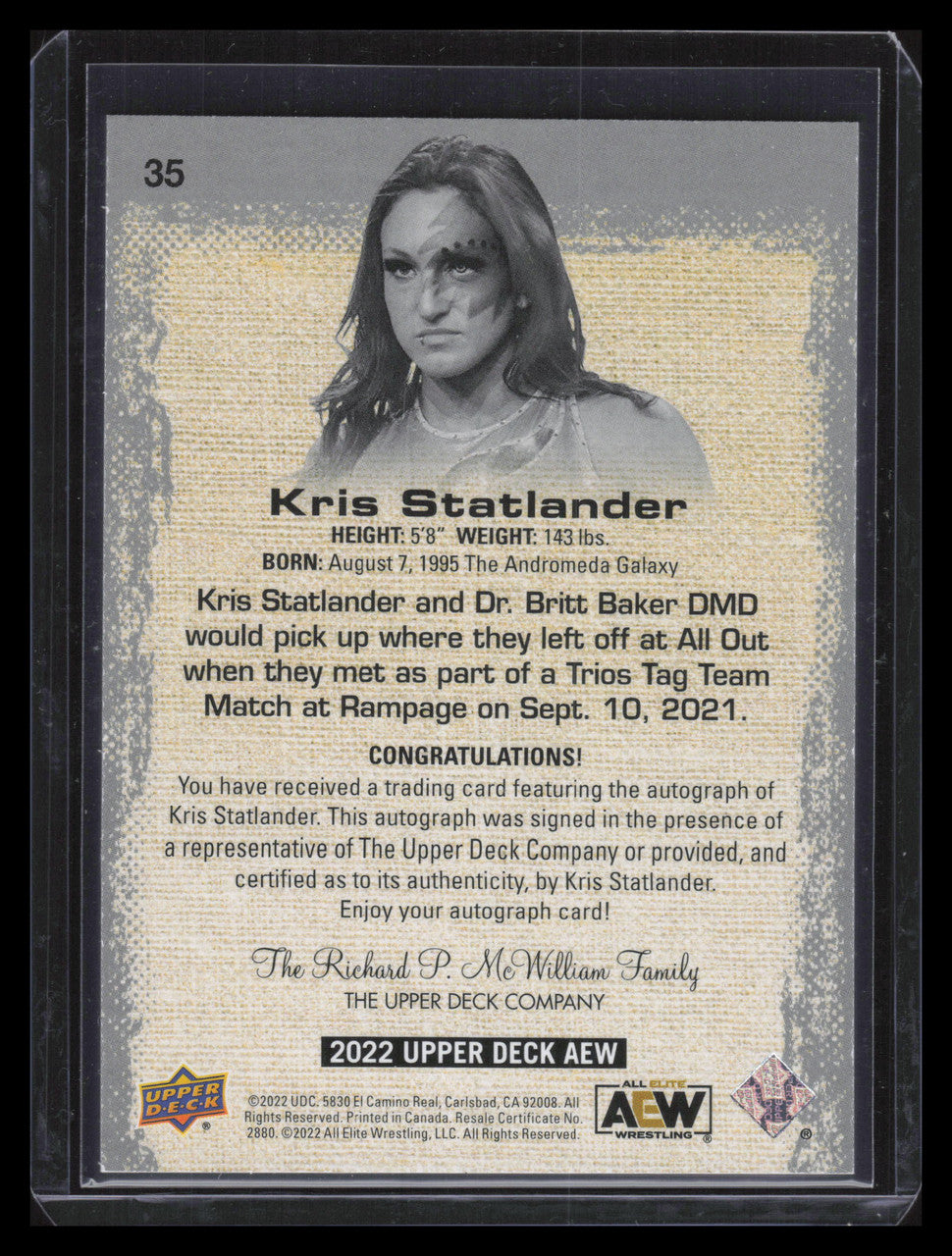 2022 Upper Deck AEW Autographs Dynamite 35 Kris Statlander Auto 1/5
