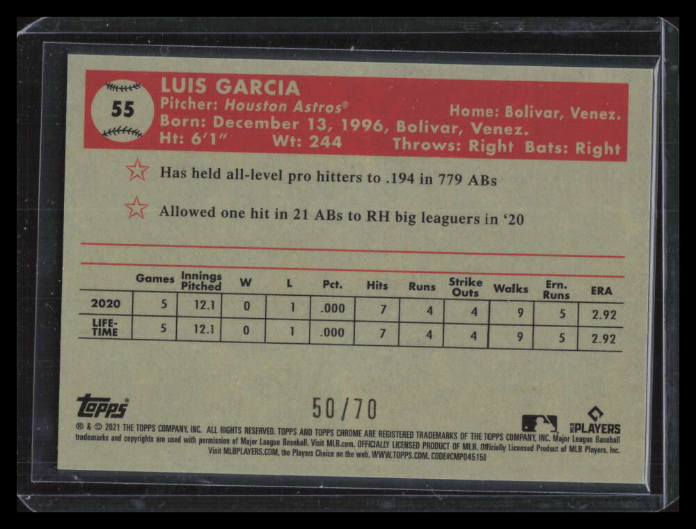 2021 Topps Chrome Platinum Mini Diamond 70th Refractor Luis Garcia Rookie 50/70