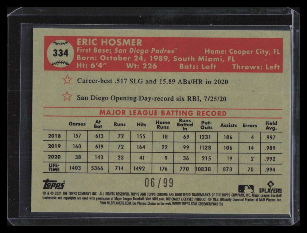 2021 Topps Chrome Platinum Green and Yellow 70th Refractor 334 Eric Hosmer 6/99