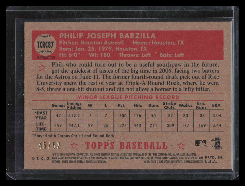 2006 Topps '52 Chrome Gold Refractor 87 Phil Barzilla Rookie 45/52