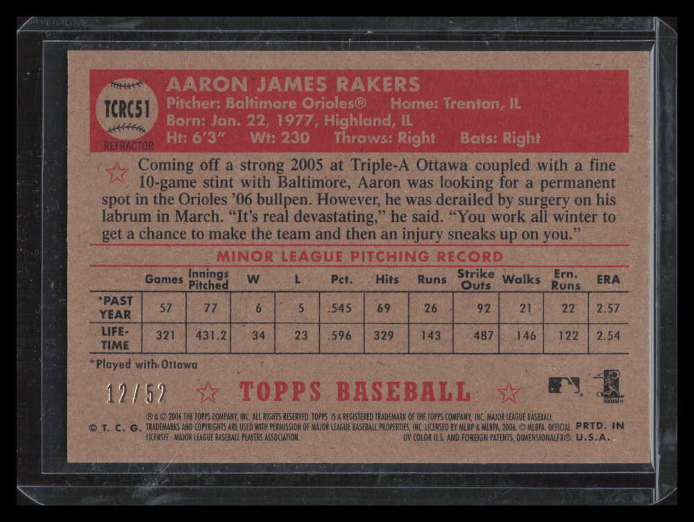 2006 Topps '52 Chrome Gold Refractor 51 Aaron Rakers Rookie 12/52