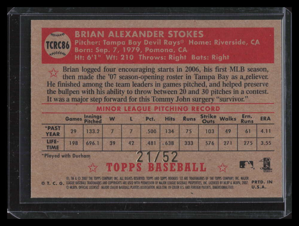 2007 Topps '52 Chrome Gold Refractor 86 Brian Stokes Rookie 21/52