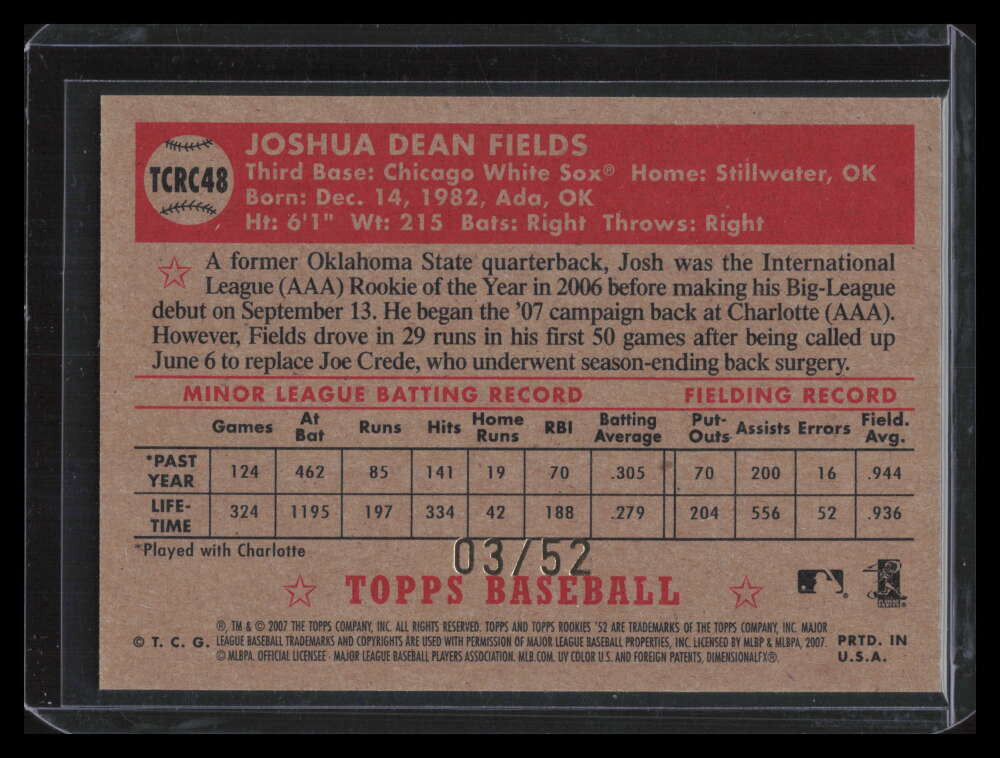 2007 Topps '52 Chrome Gold Refractor 48 Josh Fields Rookie 3/52