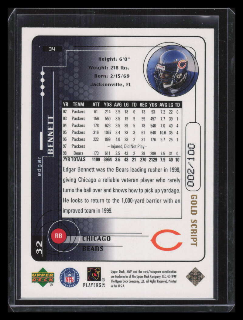 SOLD 137261 1999 Upper Deck MVP Gold Script 34 Edgar Bennett 2/100