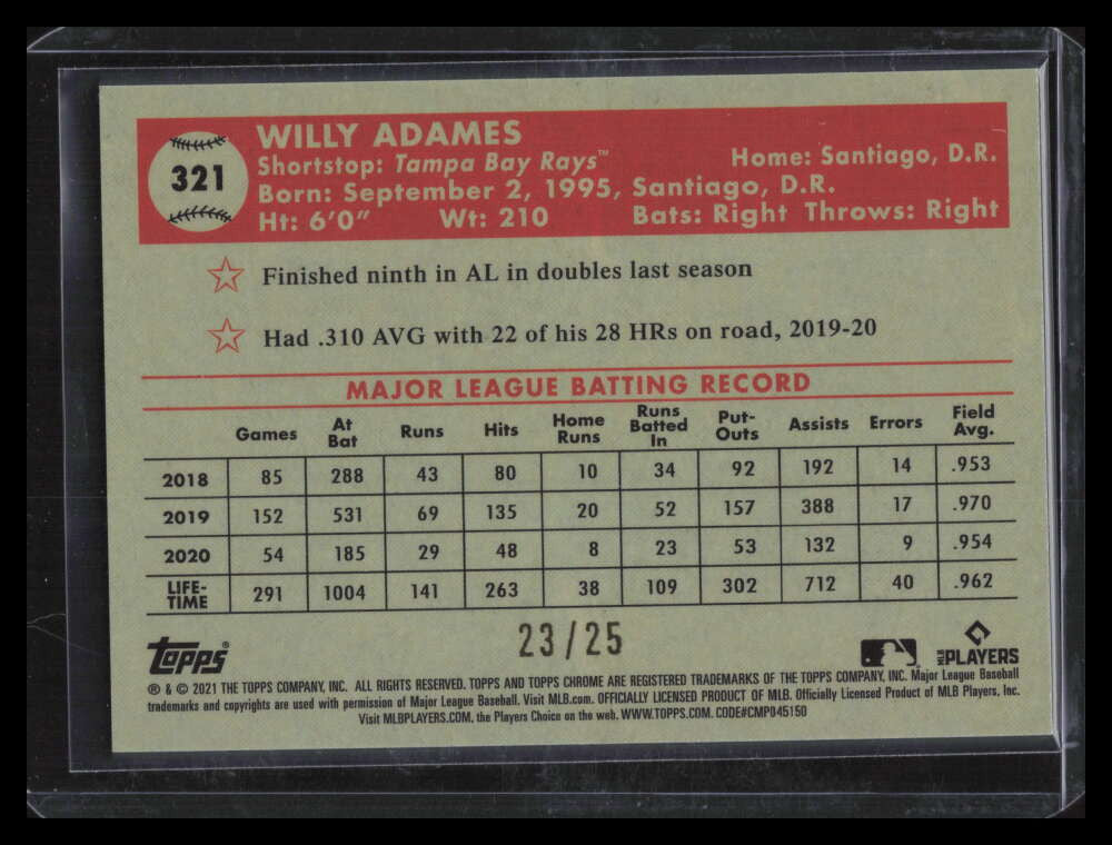 2021 Topps Chrome Platinum Orange Yellow 70th Refractor 321 Willy Adames 23/25