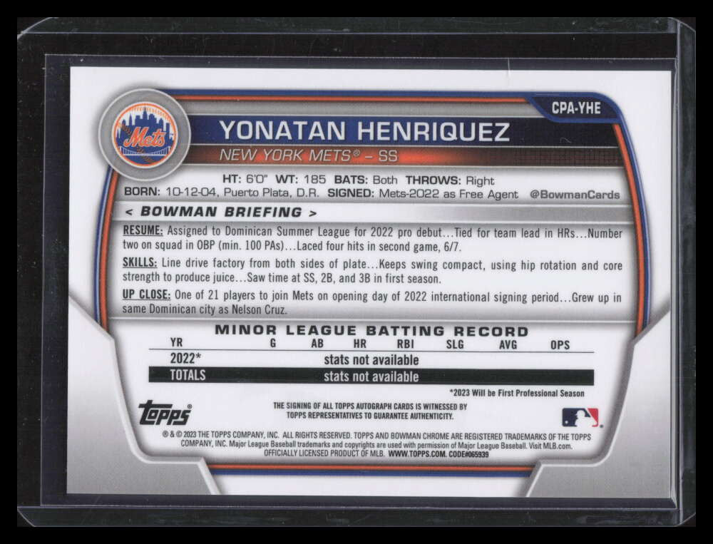 DELETE 137313 2023 Bowman Chrome Autographs Purple Refractor Yonatan Henriquez RC Auto 14/250