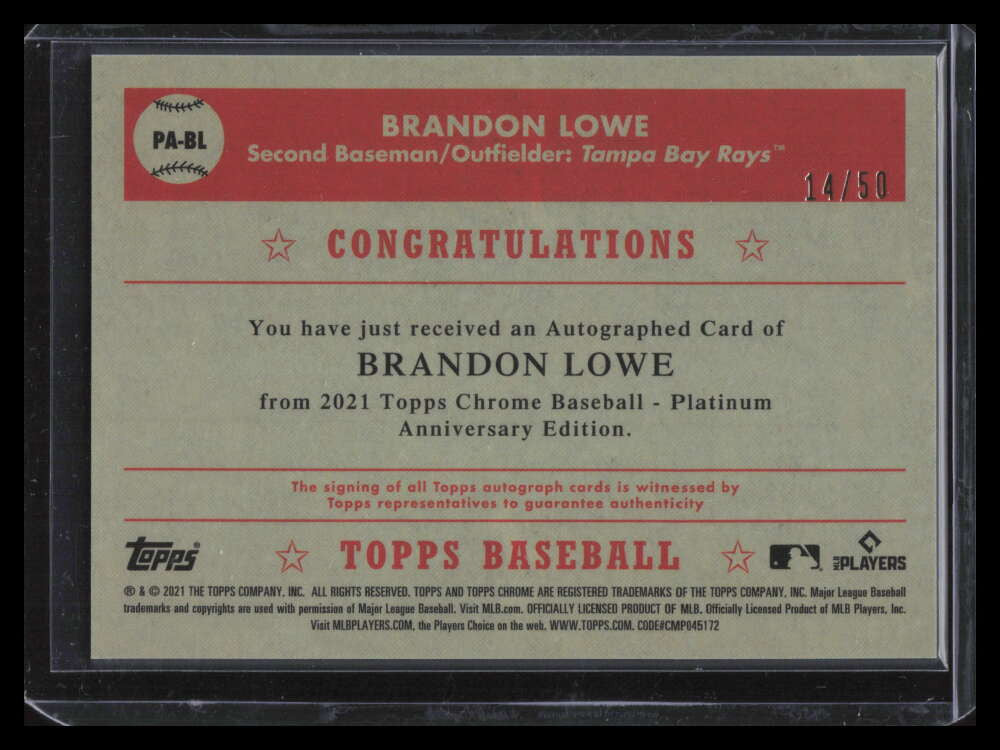 DELETE 137334 2021 Topps Chrome Platinum Autographs Gold Refractor Brandon Lowe Auto 14/50