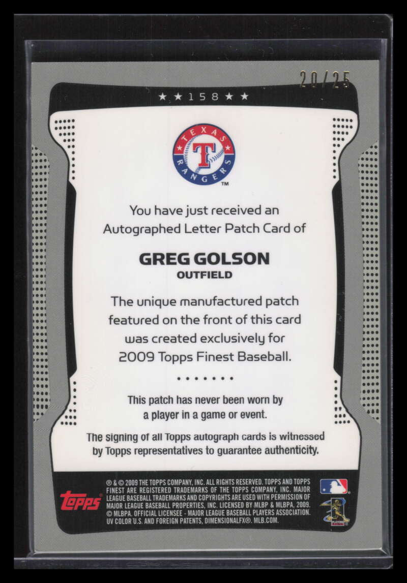 2009 Finest Blue Refractor 158 Greg Golson Rookie Letter Patch Auto 20/25