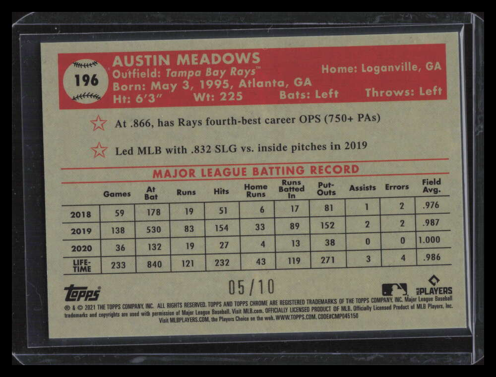 SOLD 137341 2021 Topps Chrome Platinum Black and Gold 70th Refractor 196 Austin Meadows 5/10